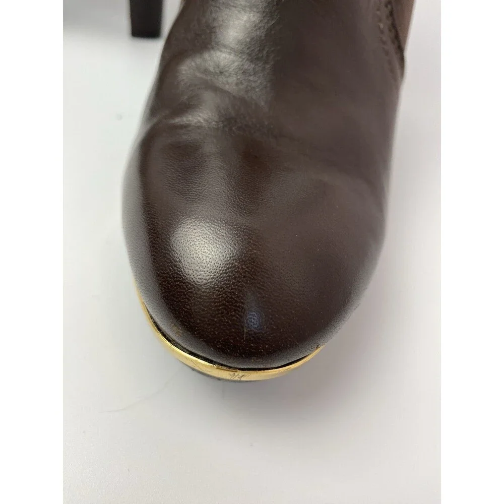 Tory Burch Brown Soft Leather Boots 9.5 M Back Zip Gold Logo & Toe Rim